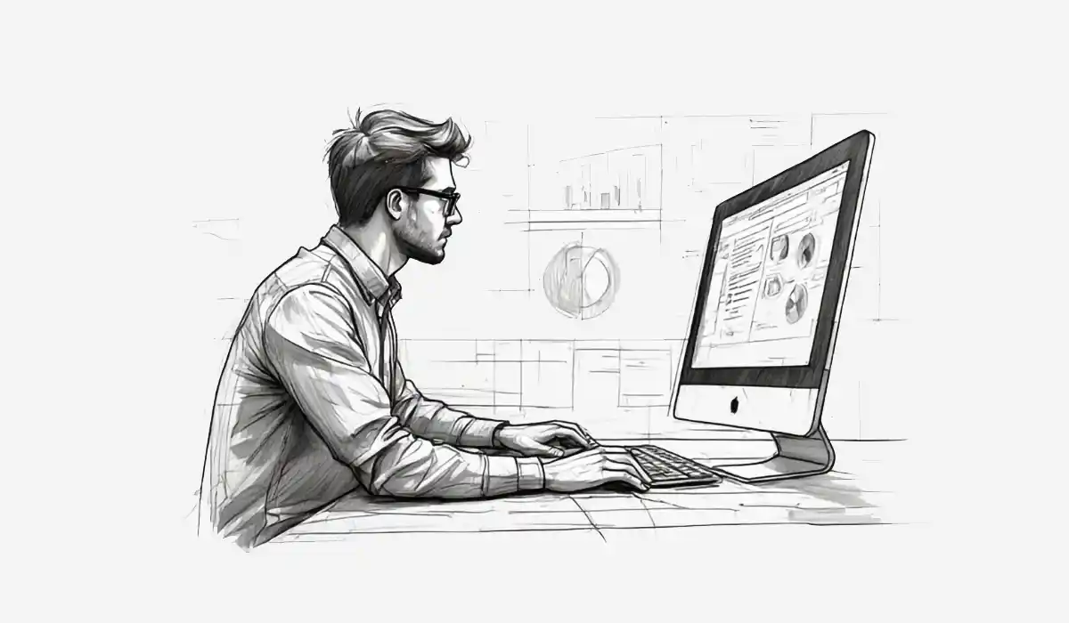 man performing Technical Site Audit line art
