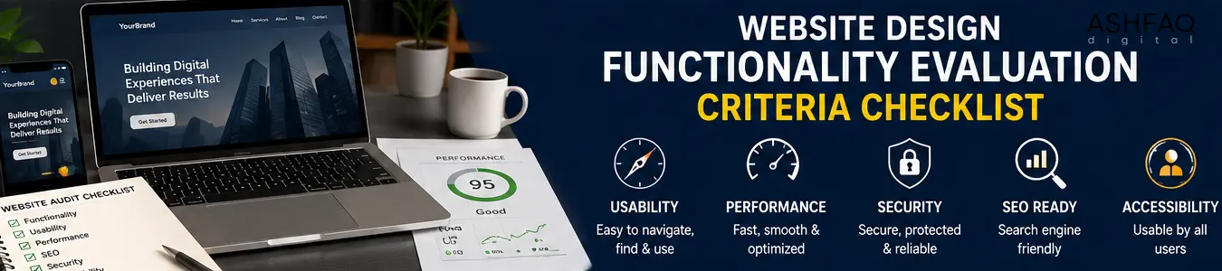 Website design functionality evaluation criteria checklist showing website audit process