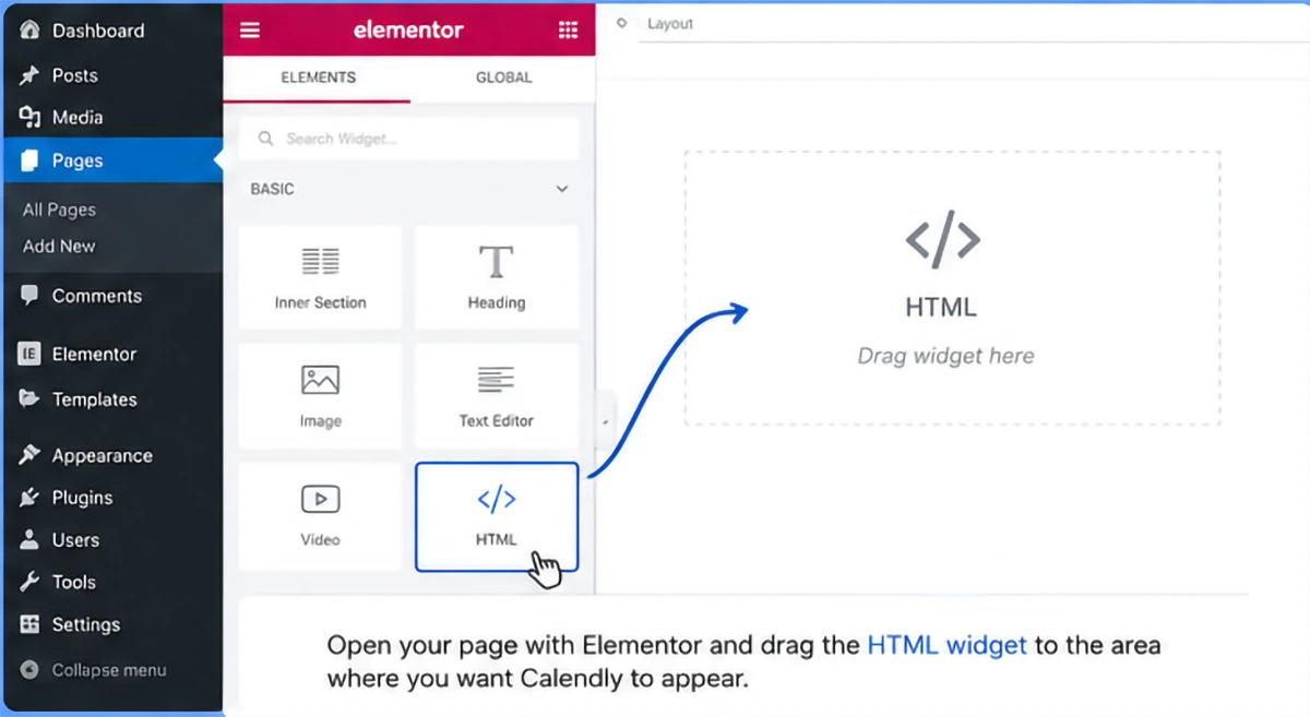 iimage shows where to use html elementor widget for calendly