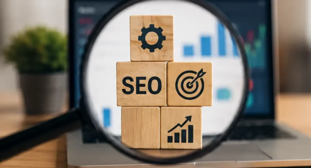 SEO analysis concept showing website optimization, search visibility, and digital marketing strategy.