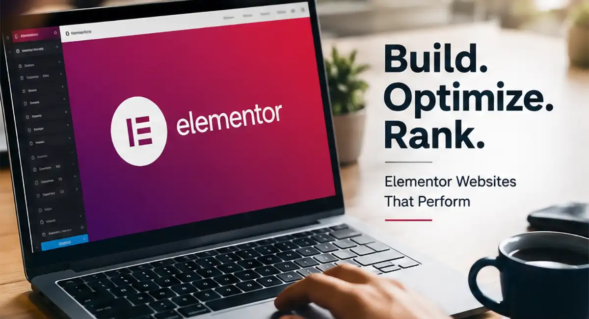 Designer building an SEO-friendly WordPress website with Elementor page builder on a laptop.