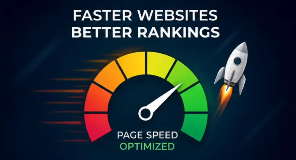 Website performance speed gauge illustrating page speed optimization for better search engine rankings.
