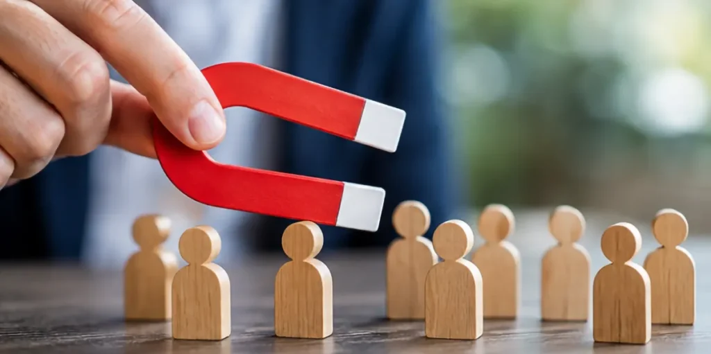 Business lead generation concept using a magnet to attract potential customers and qualified website leads.